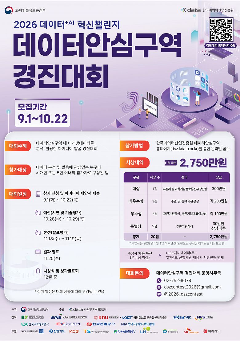 2026 데이터+AI 혁신챌린지 ‘데이터안심구역 경진대회’ 참가자 모집 안내