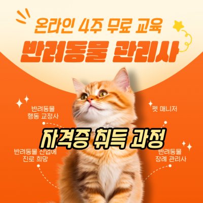 반려동물 자격증 온라인 무료교육 4주 모집 (반려동물  관리사 자격증 취득)