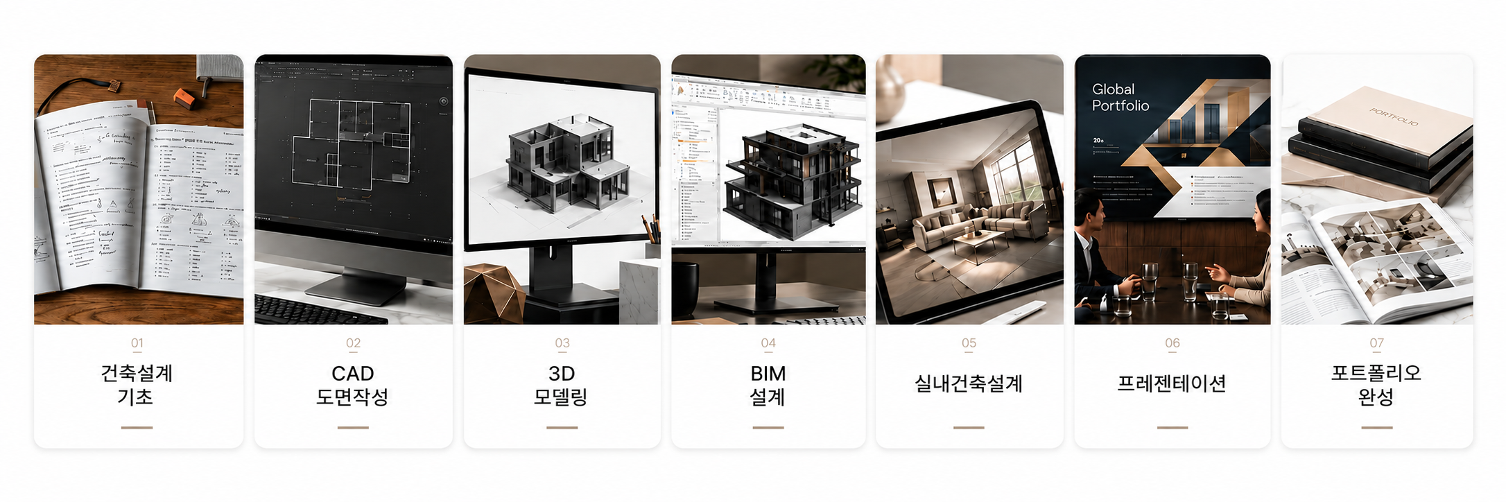 건축설계부터 CAD 도면작성, 3D 모델링, BIM 설계, 실내건축설계, 프레젠테이션, 포트폴리오 완성까지 이어지는 과정 흐름