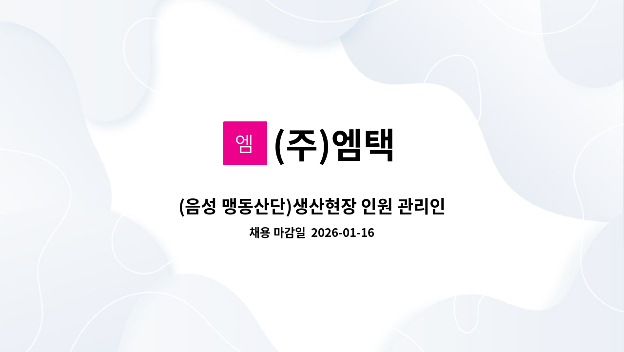 (주)엠택 - (음성 맹동산단)생산현장 인원 관리인(소장) 모집 : 채용 메인 사진 (더팀스 제공)
