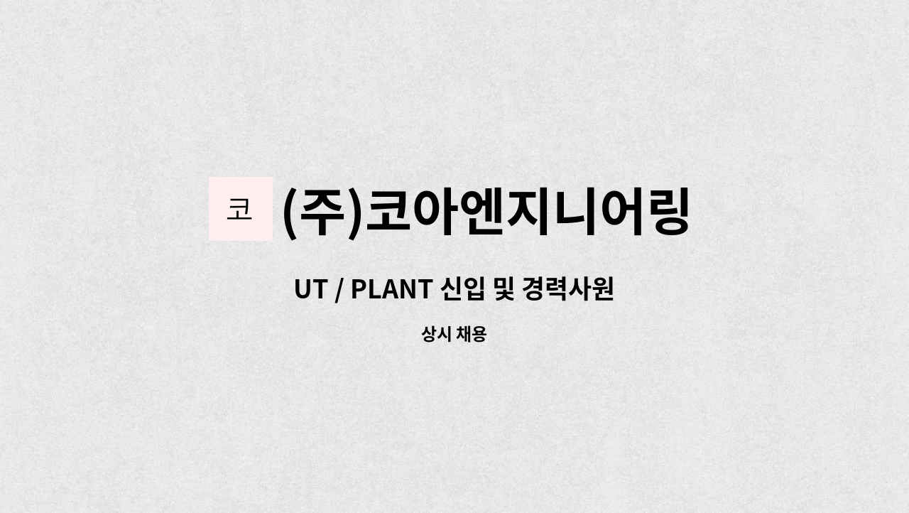 (주)코아엔지니어링 - UT / PLANT 신입 및 경력사원 모집 : 채용 메인 사진 (더팀스 제공)