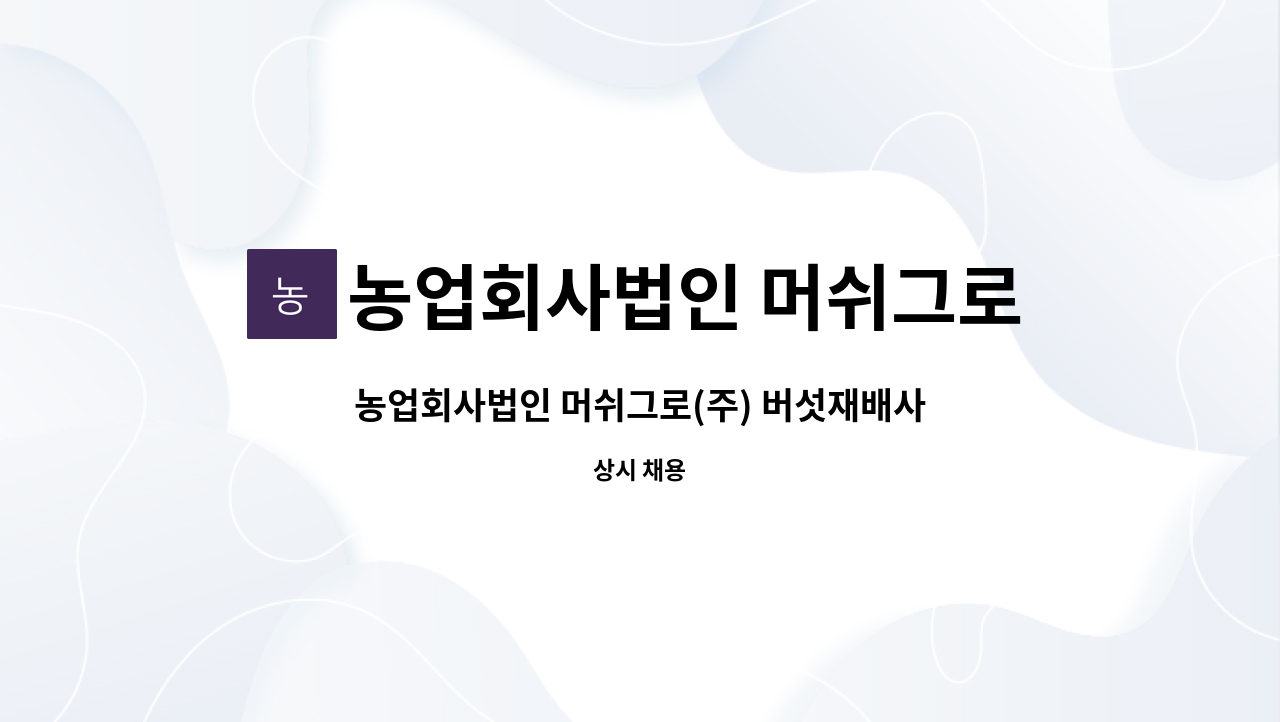 농업회사법인 머쉬그로(주) - 농업회사법인 머쉬그로(주) 버섯재배사 생산관리자(정규직) 채용 : 채용 메인 사진 (더팀스 제공)