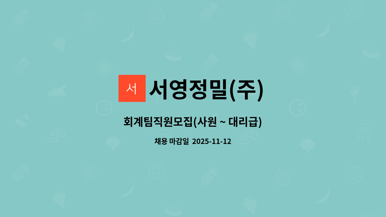 서영정밀(주) - 회계팀직원모집(사원 ~ 대리급) : 채용 메인 사진 (더팀스 제공)