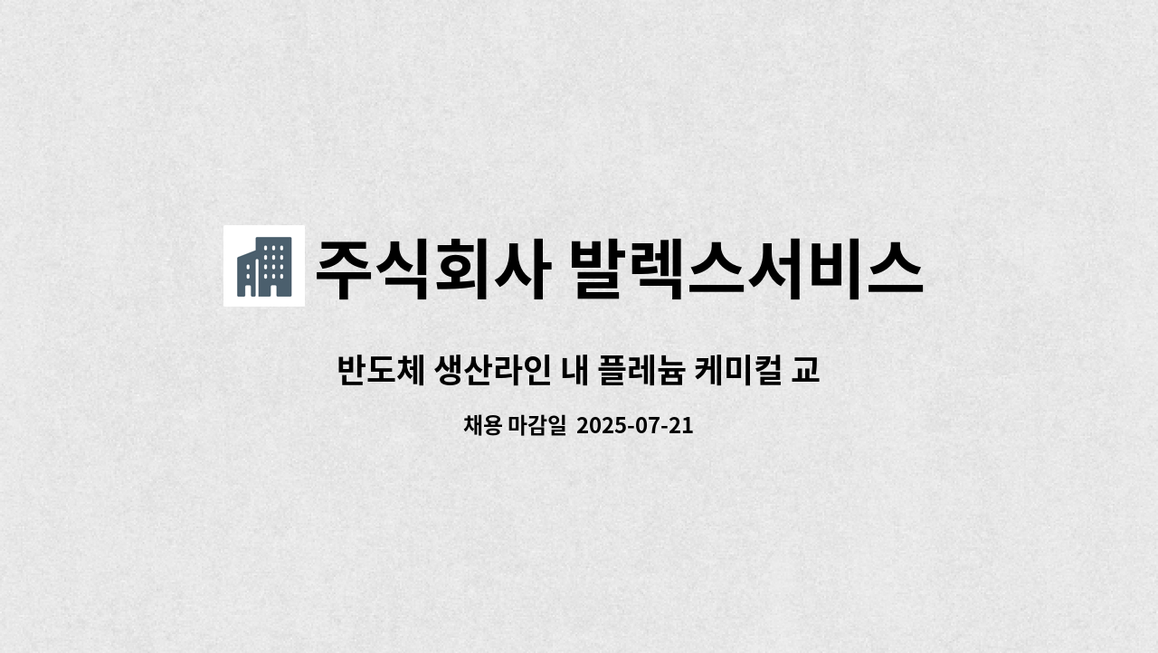 주식회사 발렉스서비스 - 반도체 생산라인 내 플레늄 케미컬 교체 업무 담당자 모집 : 채용 메인 사진 (더팀스 제공)