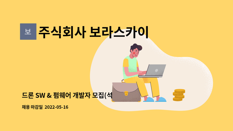 주식회사 보라스카이 - 드론 SW & 펌웨어 개발자 모집(석박사, 방산업체 경력자) : 채용 메인 사진 (더팀스 제공)